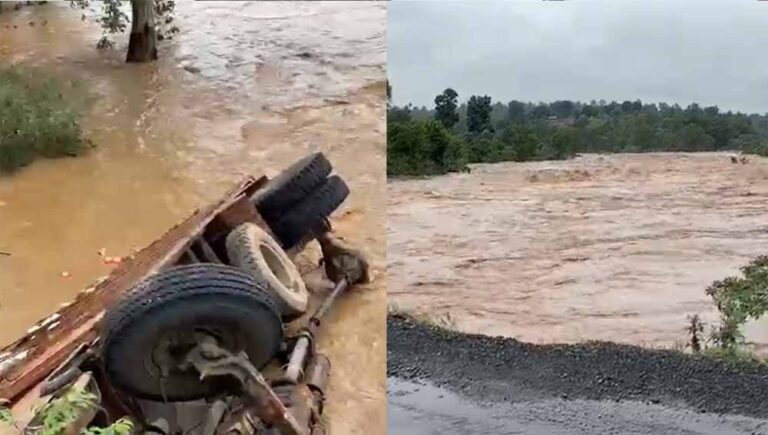 बलरामपुर जिले में जोरदार बारिश, उफनती नदी में अनियंत्रित होकर पलटी ट्रक, बाल-बाल बचे 5 लोग