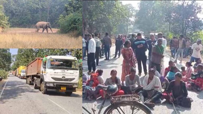 हाथियों का आतंक: ग्रामीणों ने NH-143 जाम कर दिया, फसल और जान की सुरक्षा की मांग