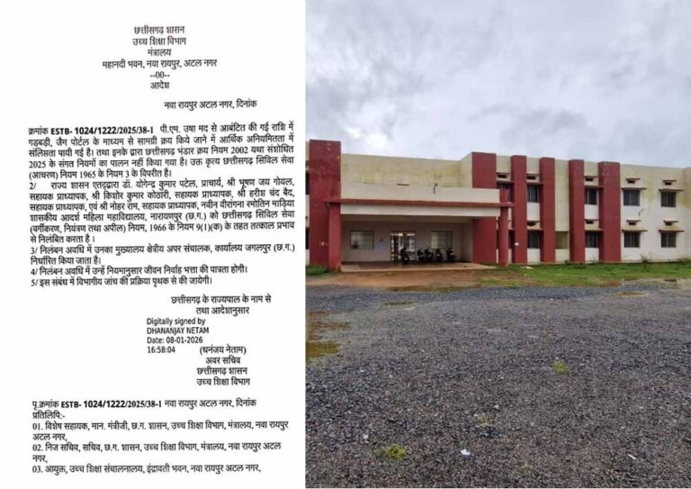 नारायणपुर महिला महाविद्यालय में पी.एम. उषा मद की राशि का दुरुपयोग, प्राचार्य सहित सहायक प्राध्यापक निलंबित