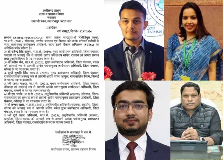 छत्तीसगढ़ में बड़ा प्रशासनिक फेरबदल: 5 जिला पंचायत CEO के तबादले, एक्का को SUDA का अतिरिक्त प्रभार