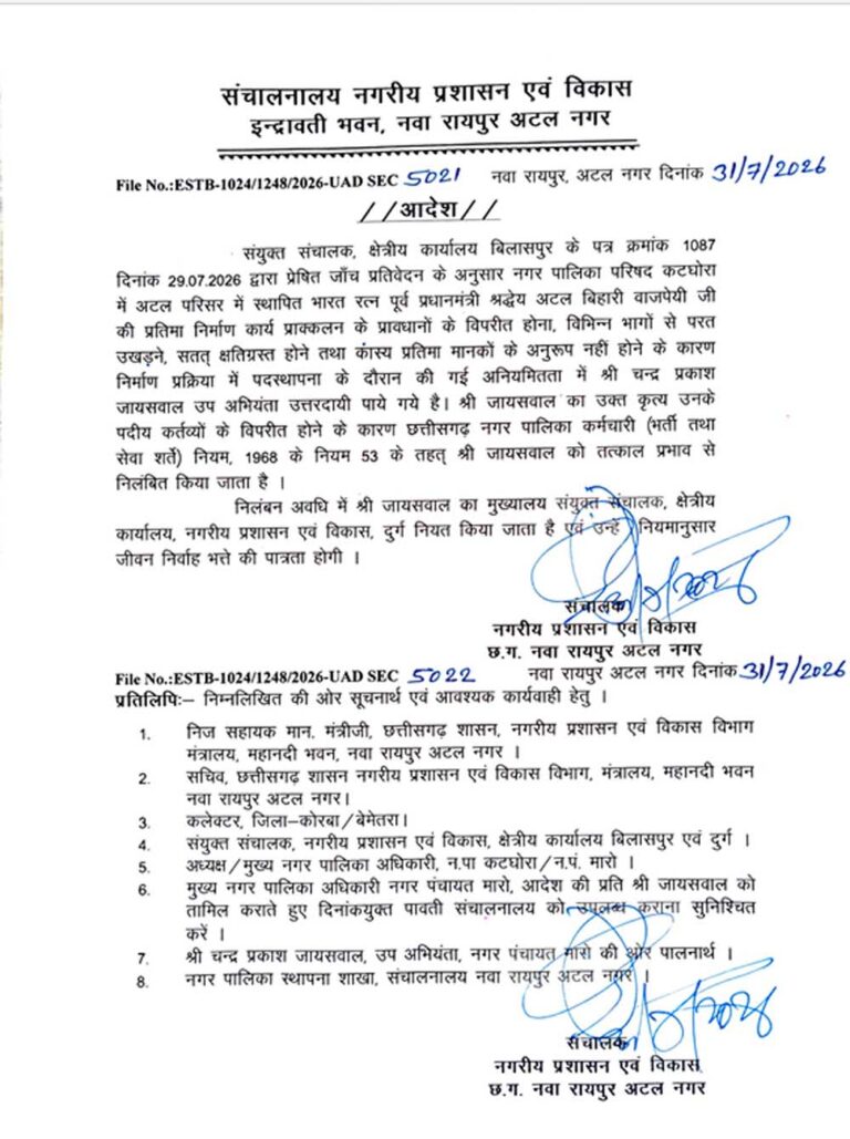 कटघोरा में अटलजी की कांस्य प्रतिमा मानकों के अनुरूप नहीं होने पर उप अभियंता तत्काल प्रभाव से निलंबित
